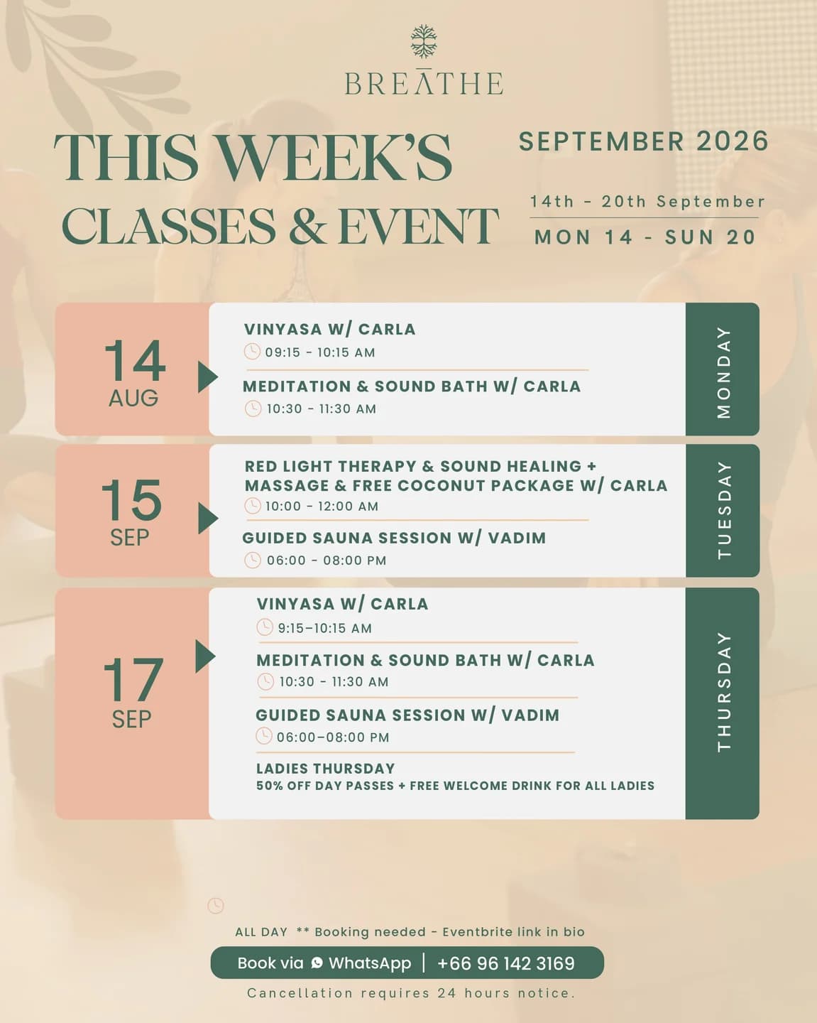 Breathe Weekly Schedule β Wellness Classes & Weekend