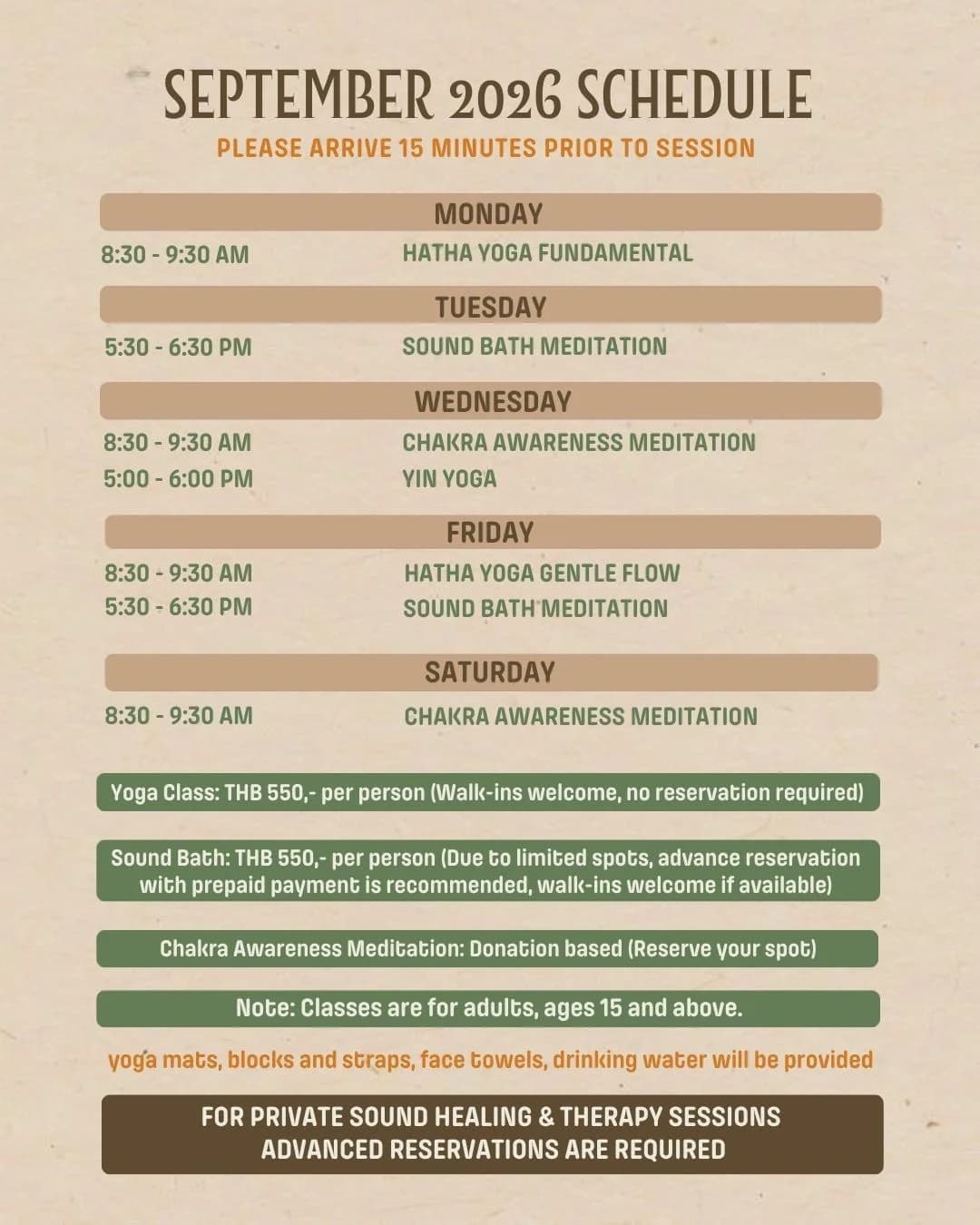 September 2026 Schedule: Yoga, Sound Bath & Chakra Awareness Meditation
