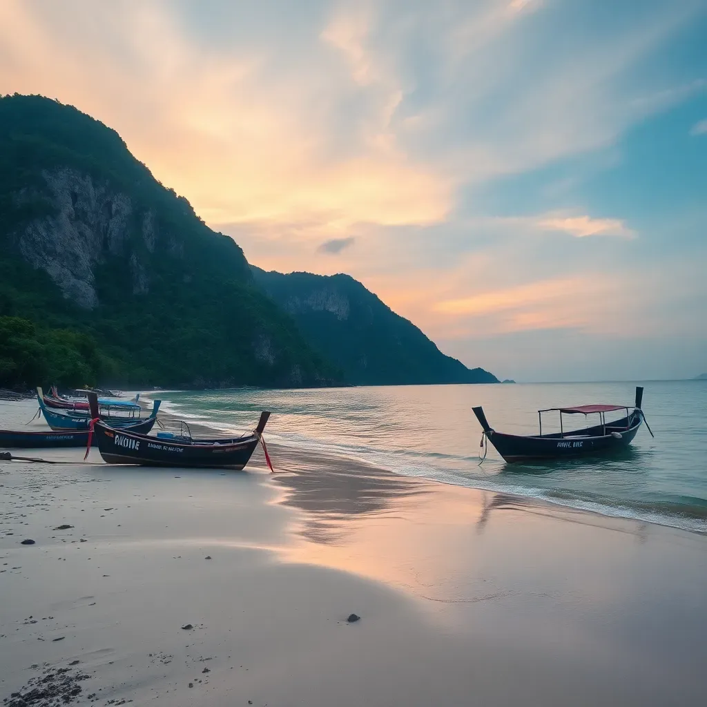 Insider tips for Phuket beaches — early morning empty beach with longtail boats and calm Andaman Sea