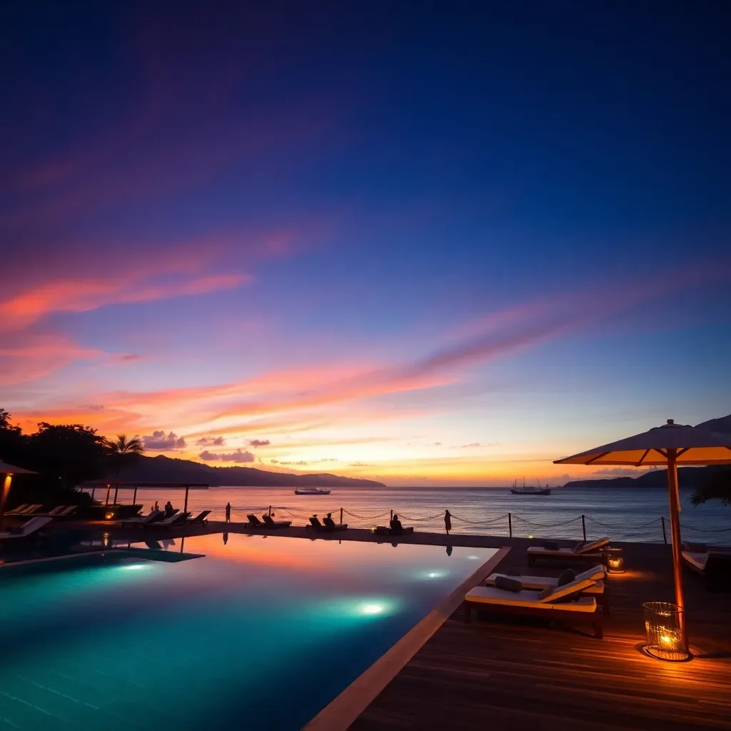 Best time to visit Rava Beach Club Phuket - Phuket dry season November to April with clear skies over Bang Tao Bay