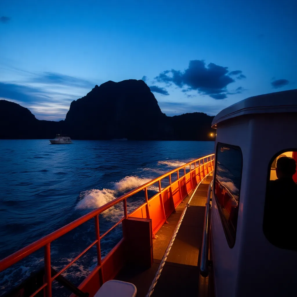 Ferry from Phuket to Phi Phi approaching the limestone cliffs of Koh Phi Phi Don