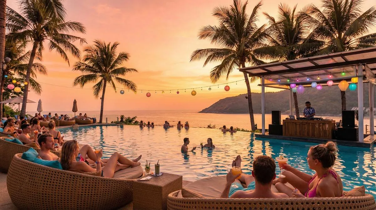 Sunset pool party at a Phuket beach club with DJ, palm trees, and ocean views