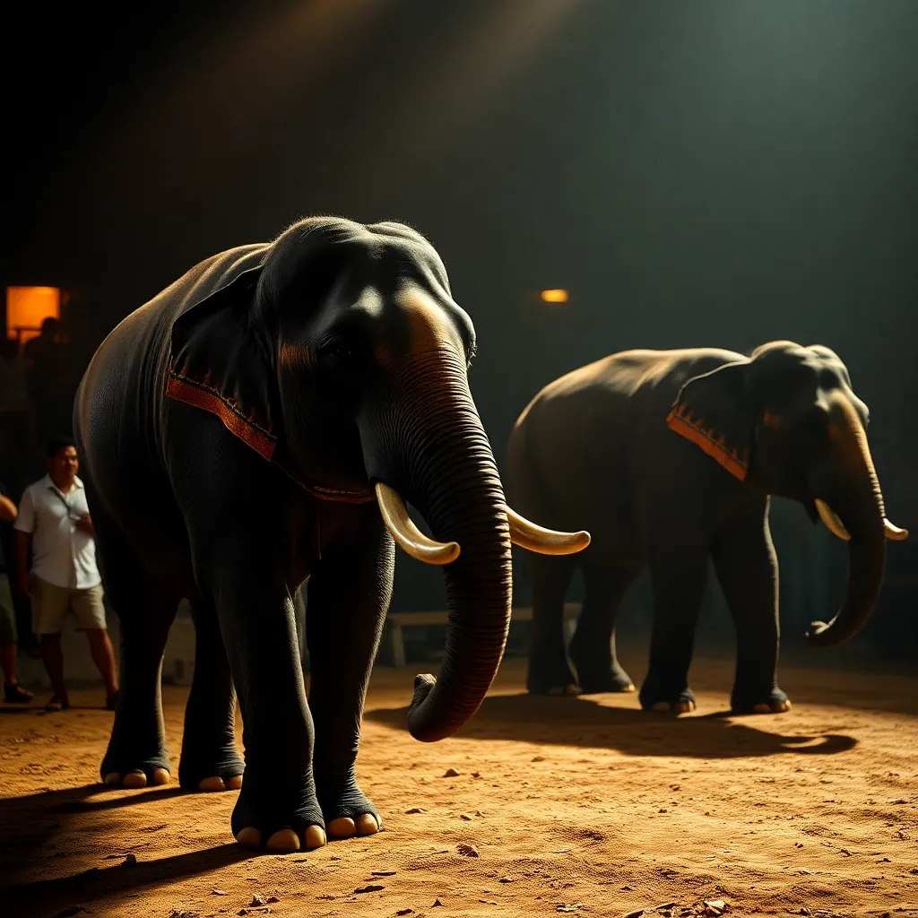 Elephants on stage during the Fantasy of a Kingdom finale at the Phuket FantaSea show