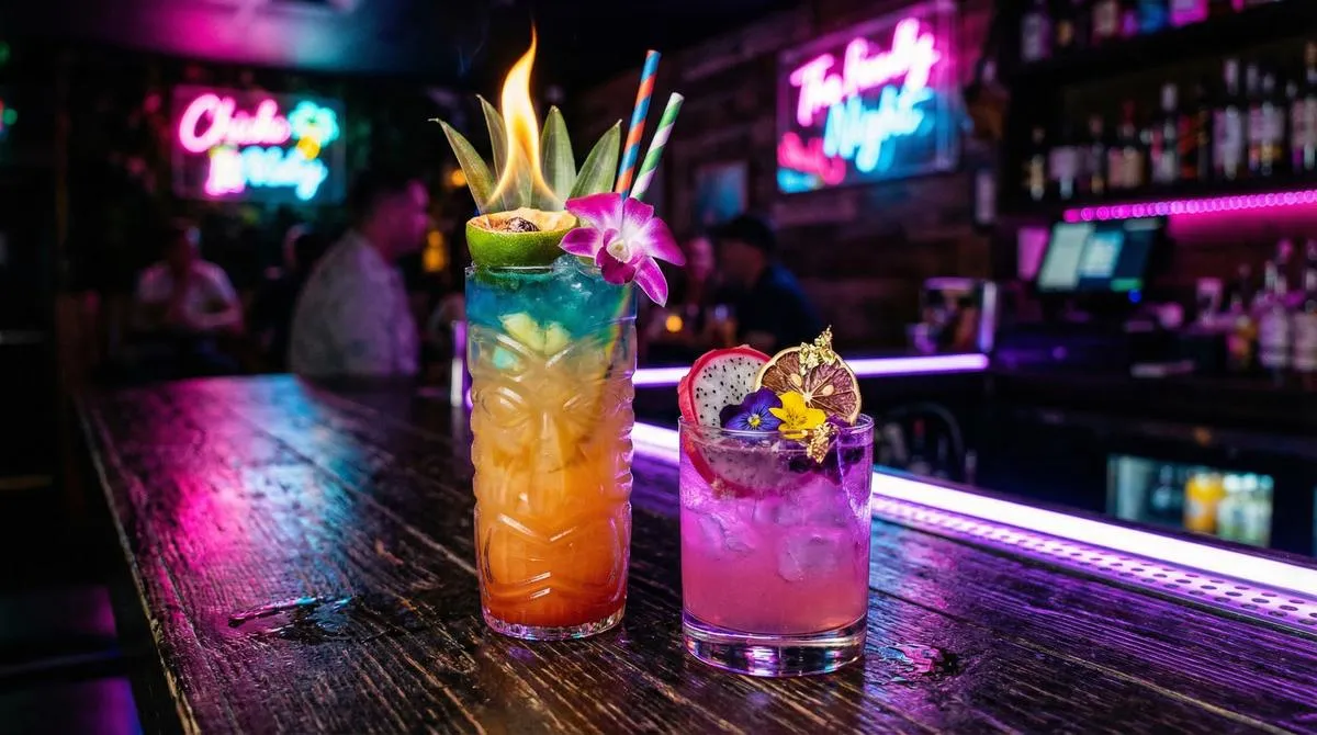 Colorful tropical cocktails on a bar counter with neon pink and blue lighting in Phuket