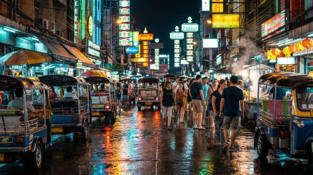 Busy nightlife street in Thailand with neon signs, tuk-tuks, and crowds of tourists