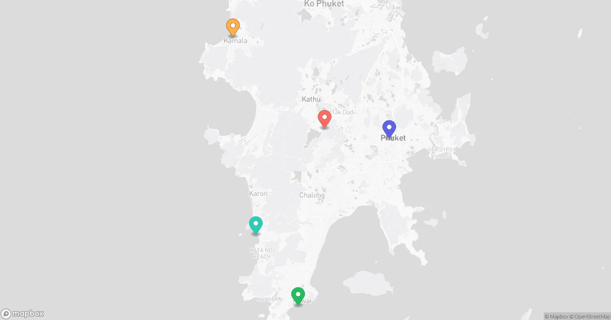Map of Phuket nightlife areas — Patong, Kamala-Surin, Old Town, Kata-Karon, and Rawai