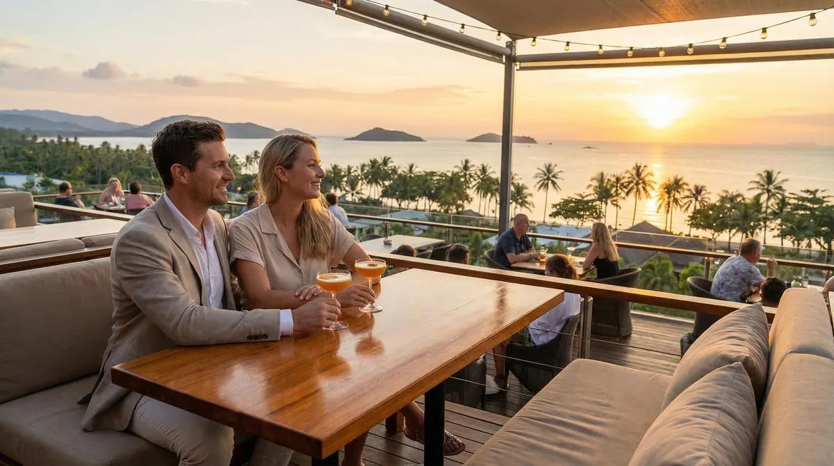 Couple enjoying cocktails at a rooftop bar overlooking the ocean at sunset in Phuket