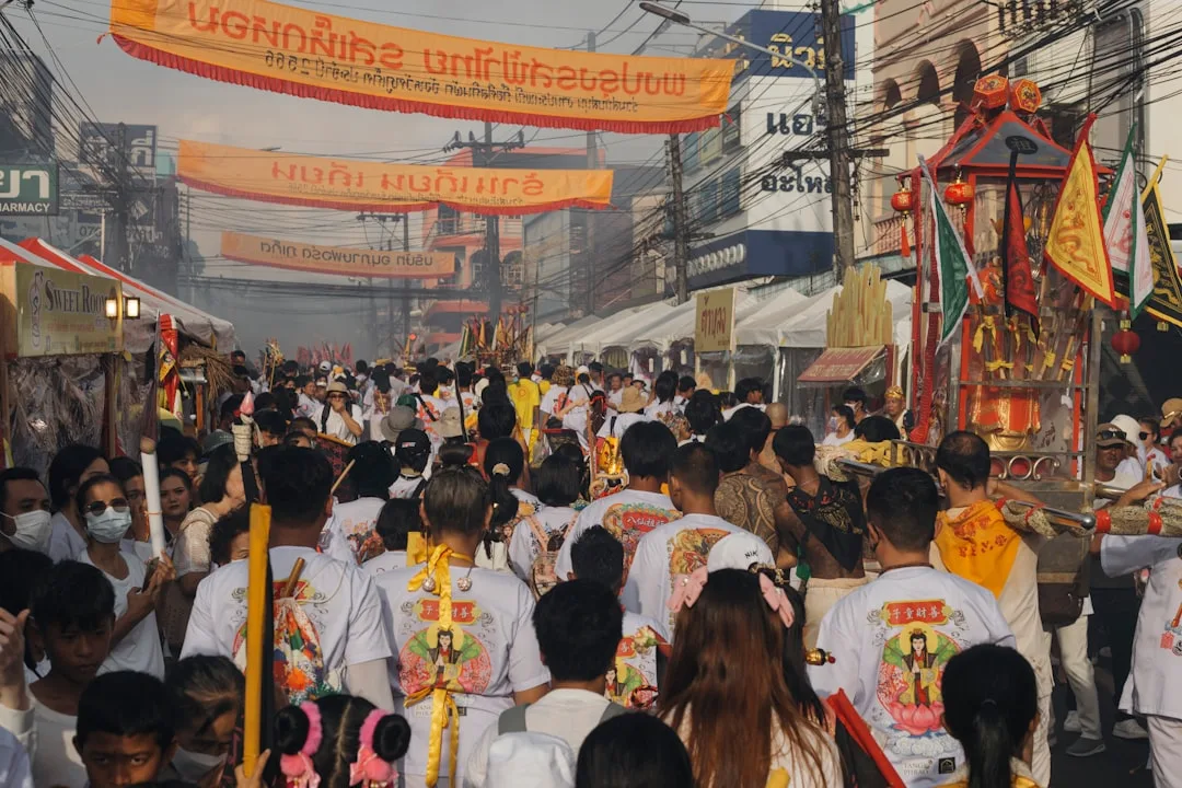 Phuket Vegetarian Festival ma song spirit medium ritual — firewalking ceremony at Kathu Shrine during the Nine Emperor Gods festival